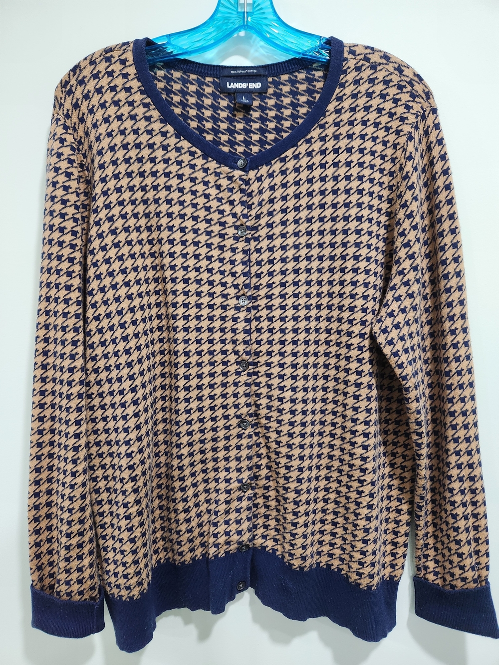 Lands' End Navy and Tan Houndstooth Button-Front Cardigan